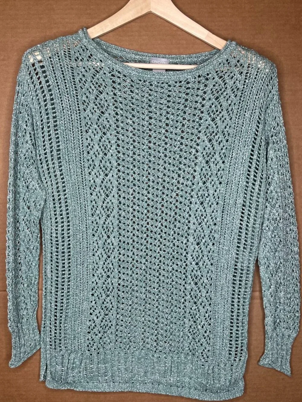 Chico's Light Teal Crochet Knit Sweater | Size 0 (Medium) | Cotton Blend | Boho